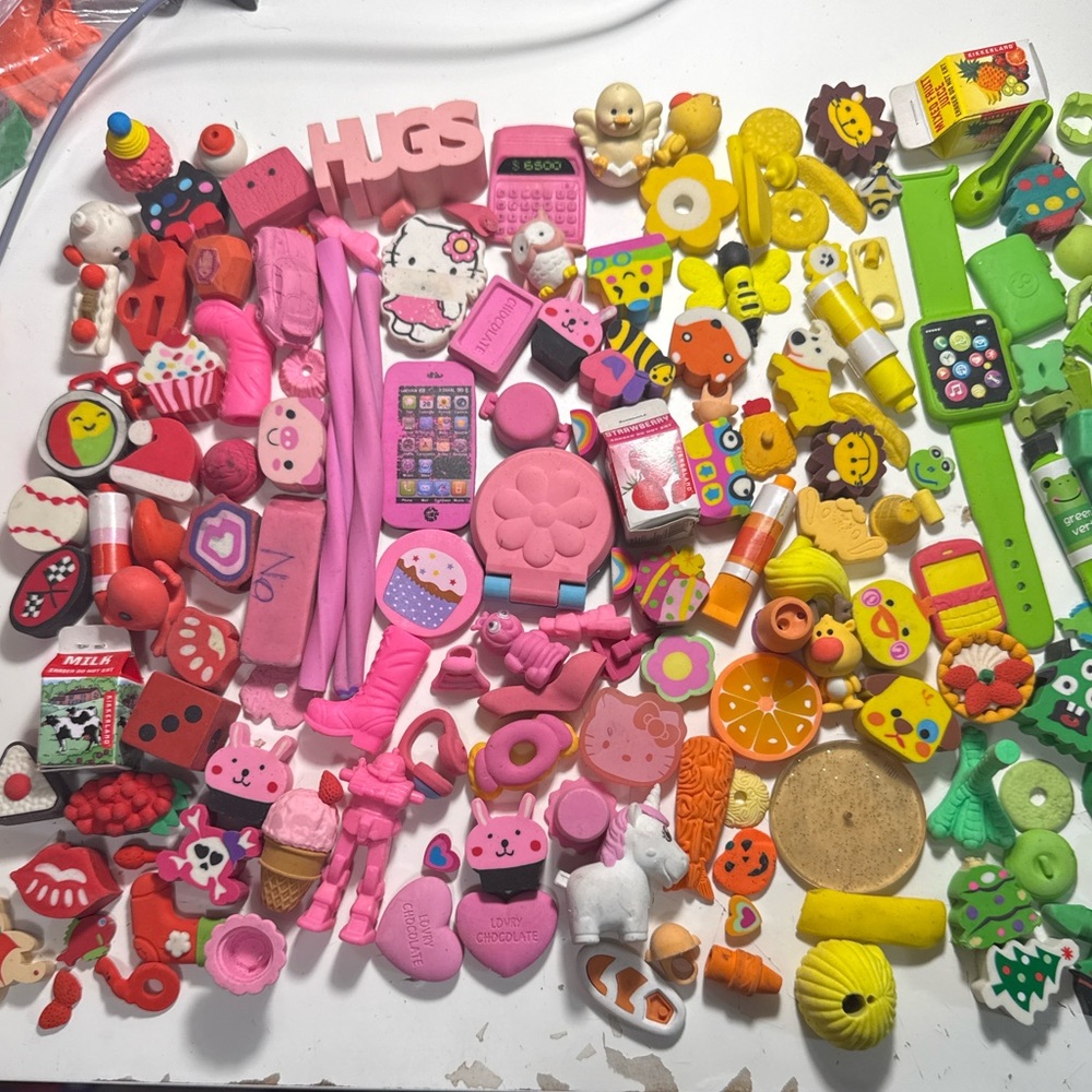 Huge Y2K Novelty Eraser Lot - 2.6kg Mixed Shapes, Food, Animals, Modular Pieces
